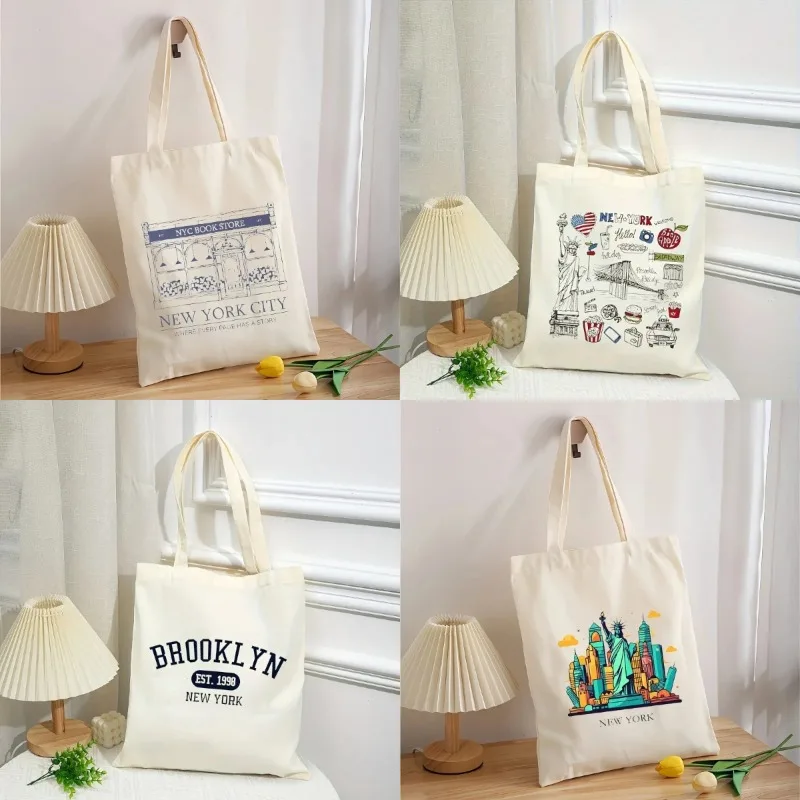 

New York Print Canvas Tote Bag Women Large Capacity Reusable Shoulder Bag Casual Shopping & Daily Commute Handbag