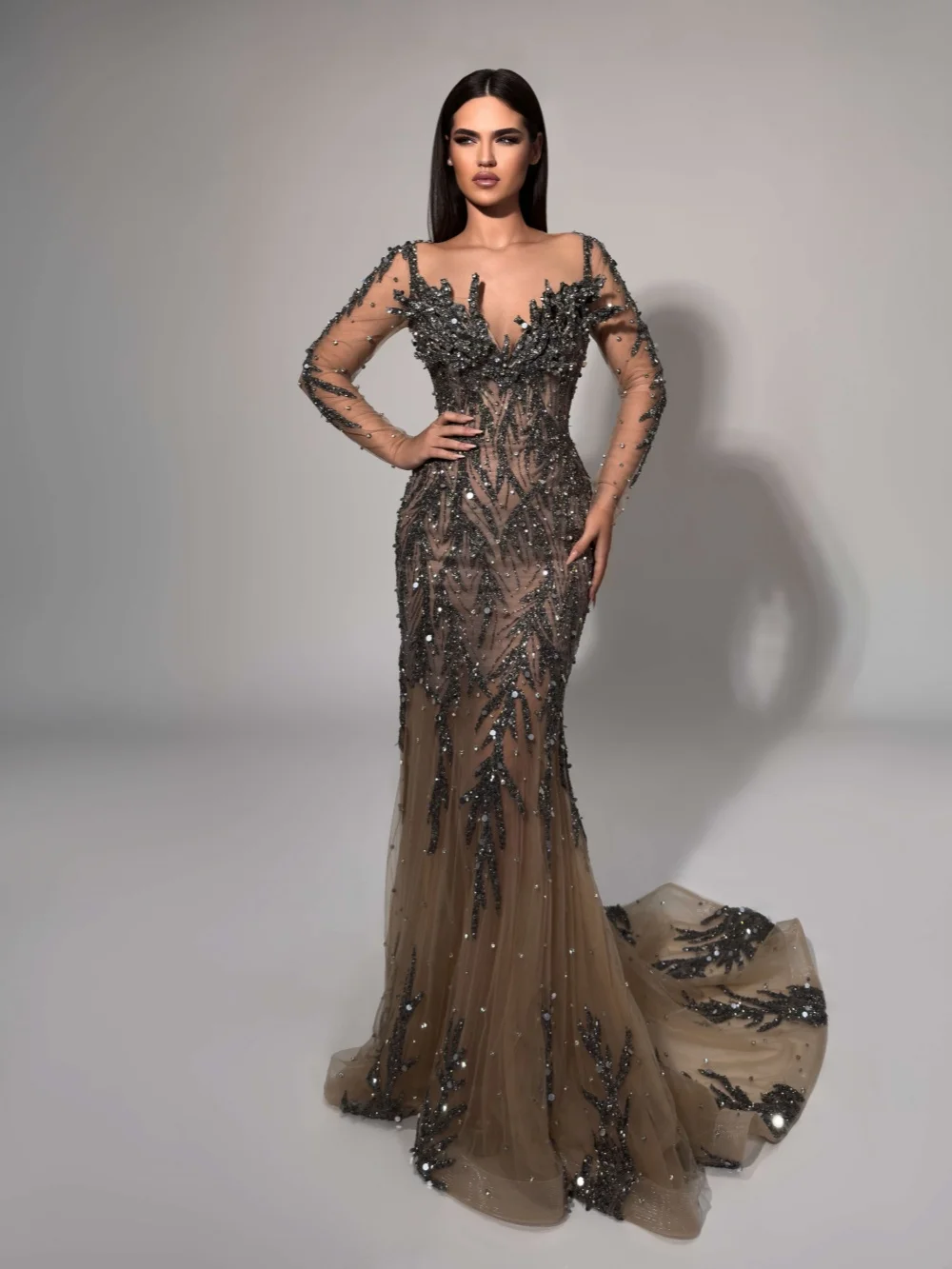 Ätherisches Champagner-Perlen-Abendkleid mit langen Ärmeln, Illusion, Meerjungfrau, formelles Partykleid, neue maßgeschneiderte, exquisite Bankettkleider