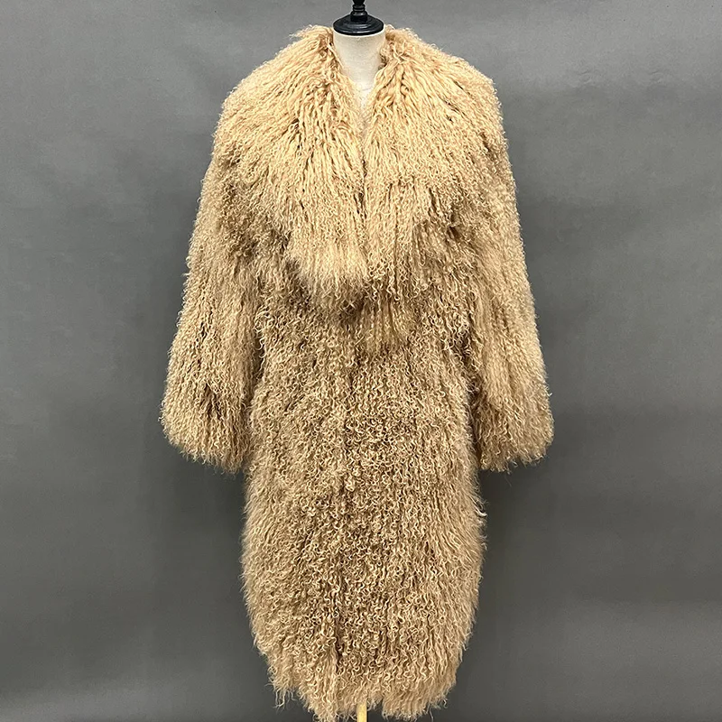 Customized Size Genuine Mongolian Fur Wool Trench Long Coat Lady Men Autumn Winter Long Outerwear S6424