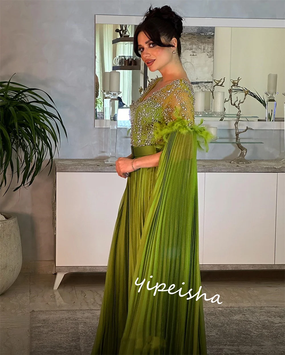 Customized S Draped Beading Feather Cocktail Party A-line V-neck Bespoke Occasion Gown Long Dresses