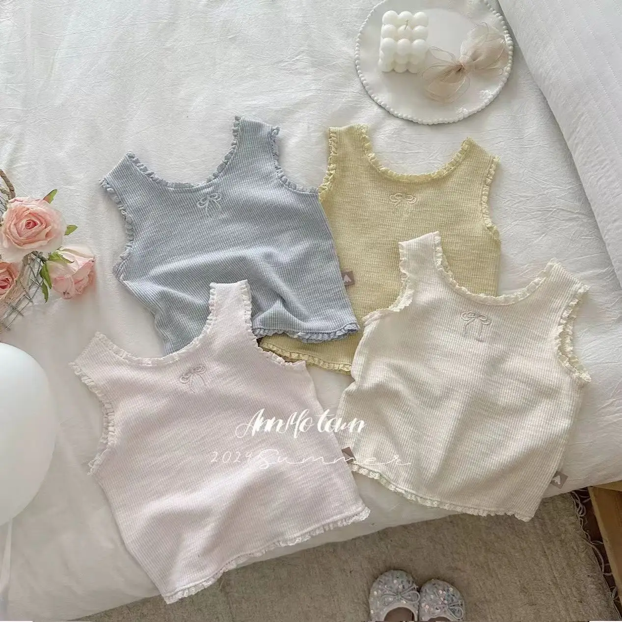 2025 Summer New Sweet Girls Bow Embroidery Vest Candy Color Baby Tee Infant Girl Sleeveless Lace Sling Vest Children Clothes
