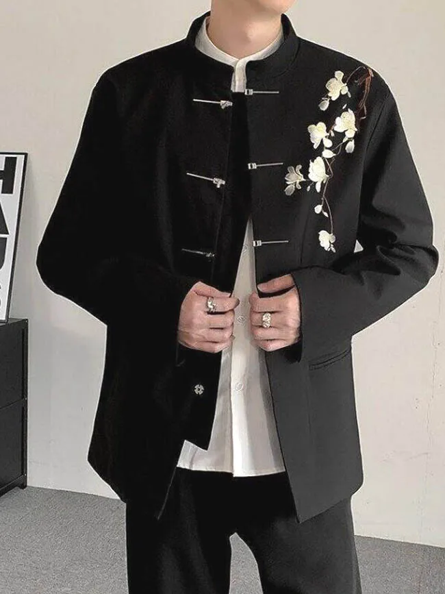 

Новый китайский костюм Зонгана с тяжелой вышивкой и цветком, мужской костюм с воротником-стойкой на пуговицах, костюм Тан, повседневный костюм с металлическими пуговицами, западный...