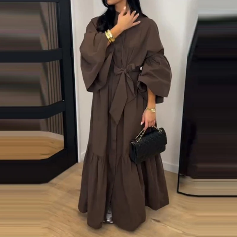 Lässiges Damen-Maxikleid mit Knöpfen, Vintage-Laternenärmeln, Plissee und elegantem O-Ausschnitt, hoher Taille und Bindegürtel