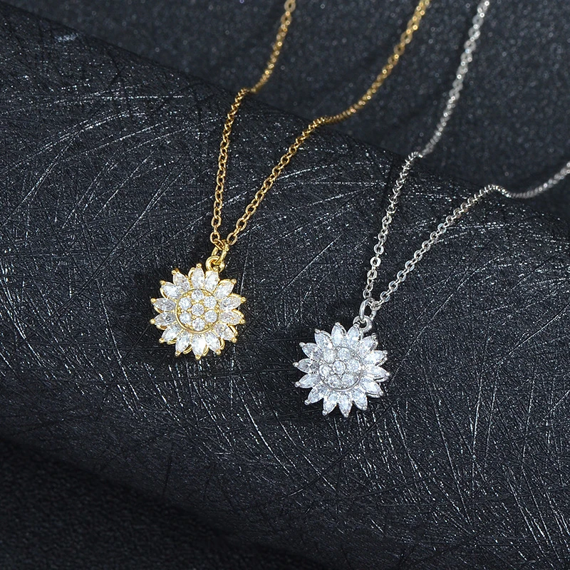 Rotating Sunflower Pendant Necklace For Women White Gold Color Thick Plated Sweater Chain Fashion Jewelry for Female