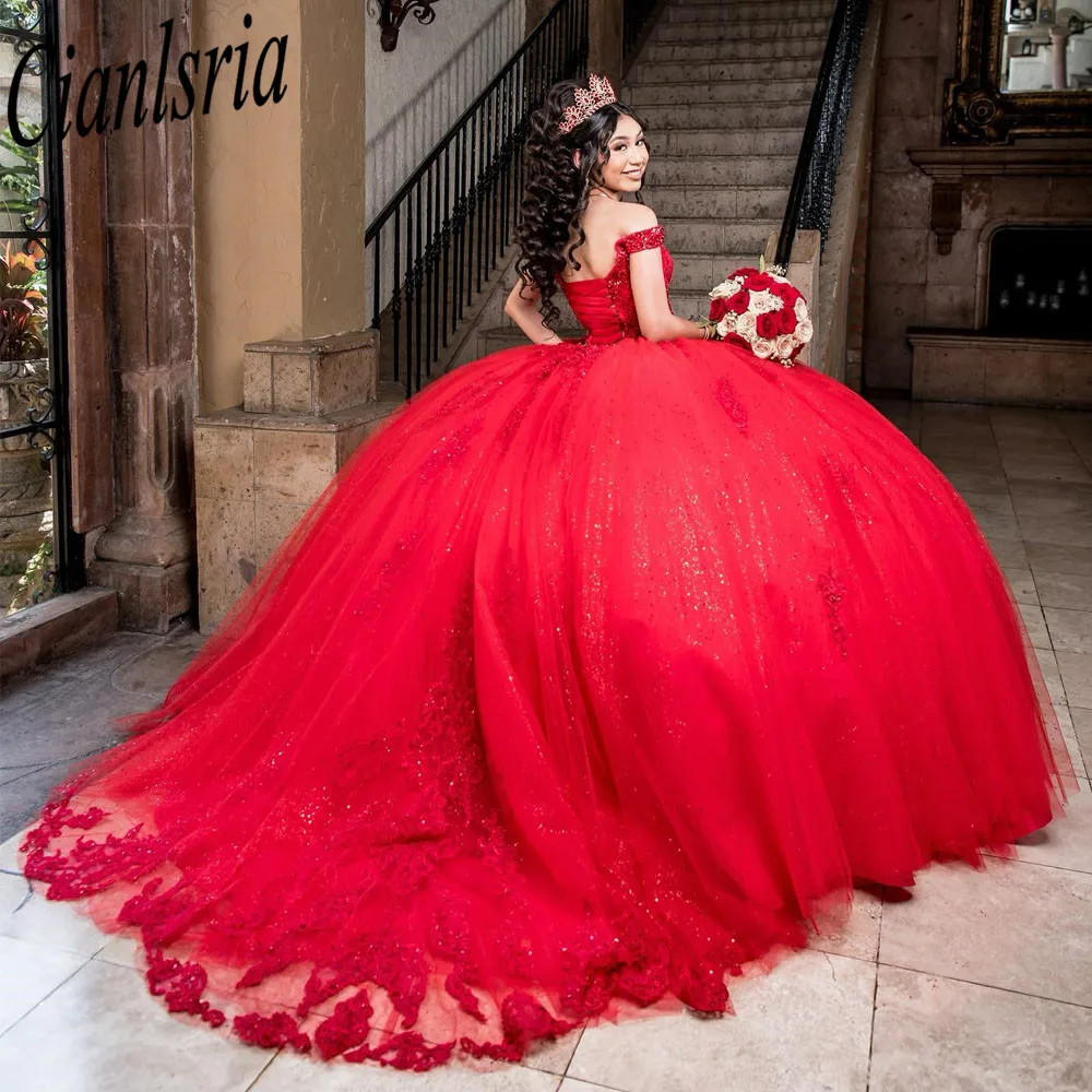 Vestido De baile De princesa con lentejuelas Rojas, quinceañera, hombros descubiertos, apliques De cristal 3dflower, vestidos De corsé De 15 Años