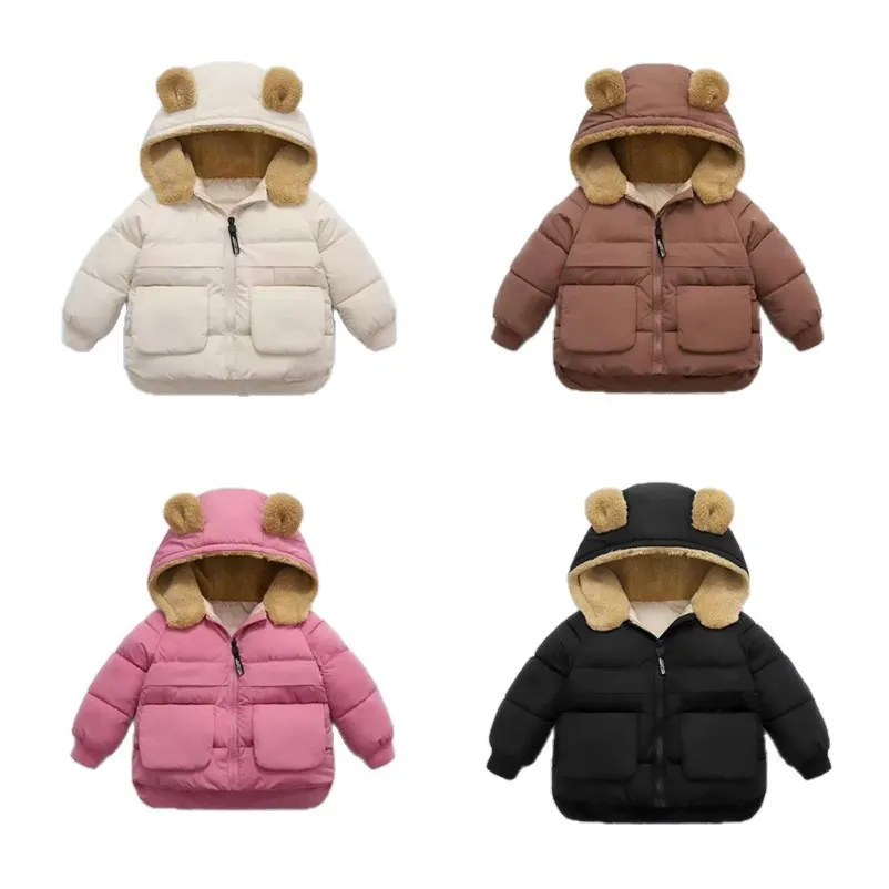 Baby Autumn Winter Kids Cotton Clothes Pocket Jacket Solid Color Ear Down Jacket Toddler Coat Long Sleeve Baby Cotton Clothes