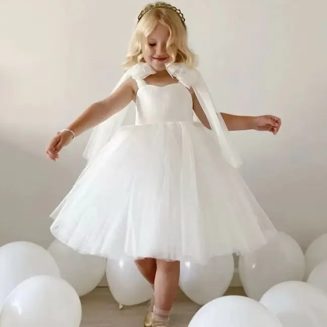 

2025 Summer Toddler Baby Girls Party Dresses Baby Girl Bowknot Dresses Tulle Dress Kids Baptism 1st Dresses Formal White Dress