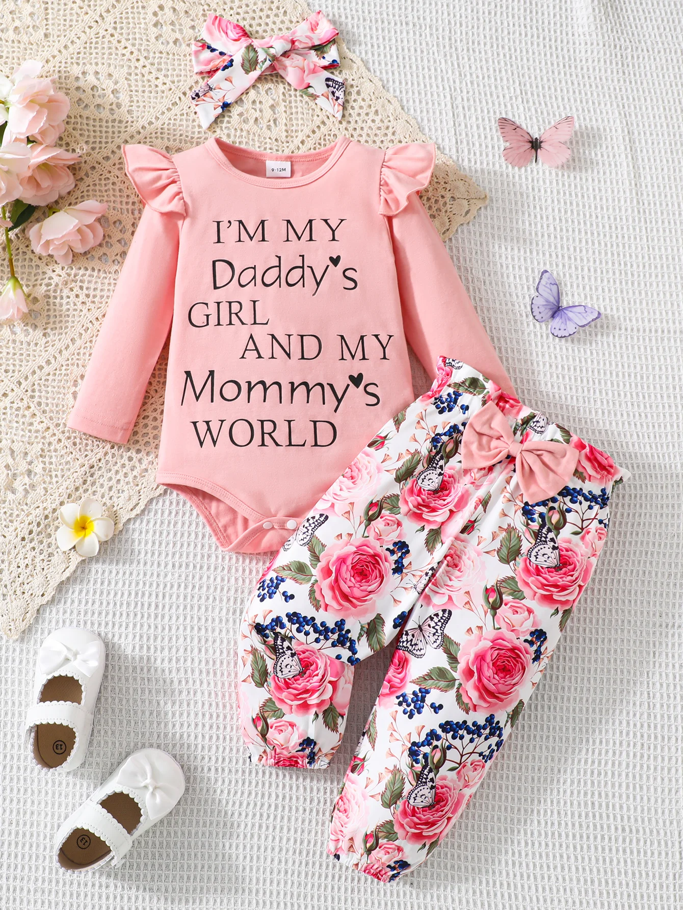

Baby Girl Pink Themed Three-Piece Set Spring Autumn Butterfly Knot Hairband Rose Print Pants Letter Print Bottom Shirt