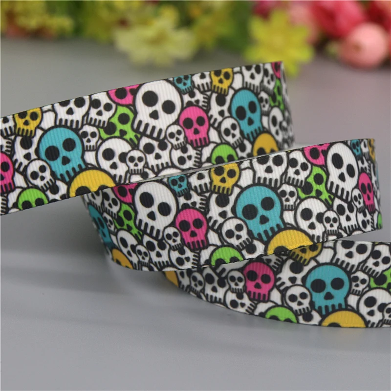 DHK 50yards Skull Zombie Printed Grosgrain Ribbon Accessories Material Headwear Decoration DIY Sewing Craft S2214