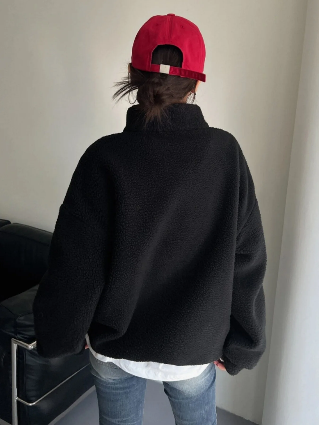 Autumn Winter Women Fleece Pullover High Neck 1/4 Zip Sweatshirts Retro Badge Green Loose Warm Teddy Outwear Harajuku Clothing