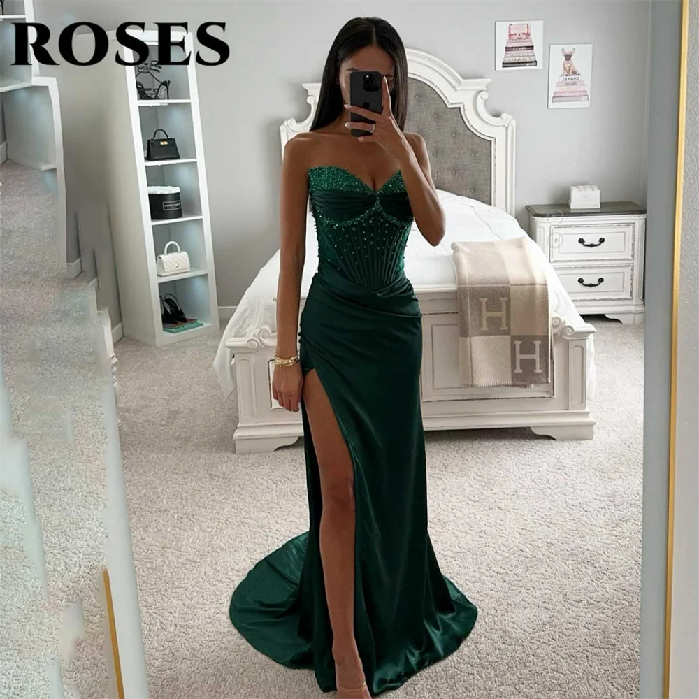 

ROSES Green Evening Dress Sleeveless Trumpet Party Dresses with Pleats Sweetheart Vestido De Novia Sexy Side Split Prom Dress