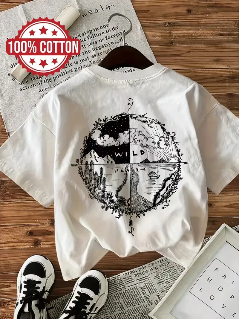 Retro Loose 100% Cotton Women's Casual T-Shirt with Compass & Mountain Graphic Print Short Sleeve Round Neck Tshirt