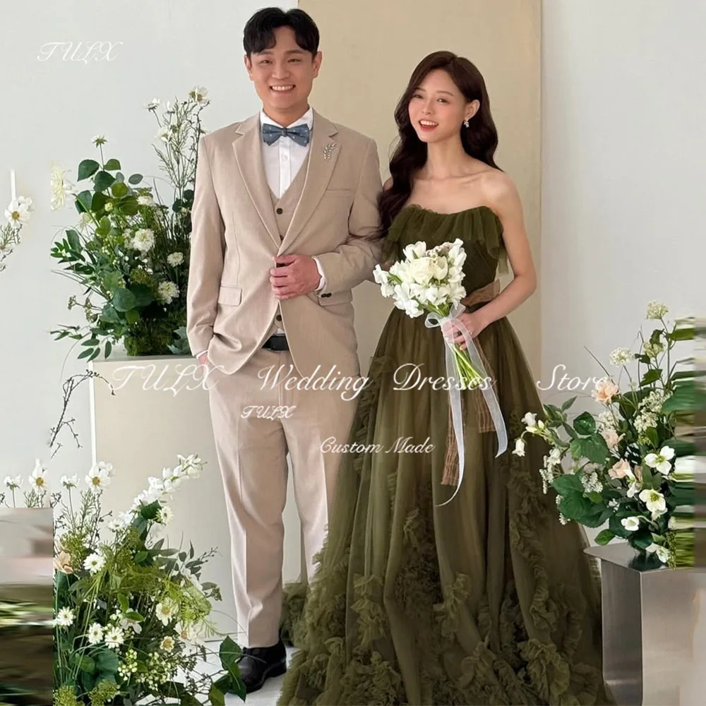 

TULX Princess Tulle Green Evening Dress Korea Wedding Photo Shoot Dress Sweetheart A line Long Corset Party Dress Customized