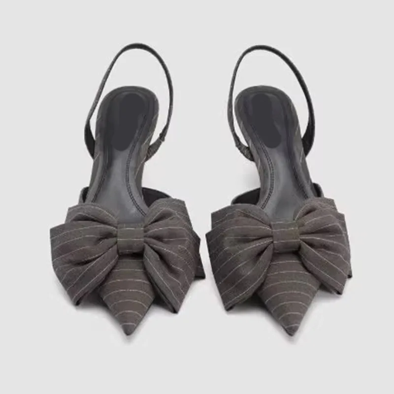 

2026 Women's Gray Pinstripe Big Bow Slingback Stiletto Heel Pumps Office Party Retro Fashion Shoes