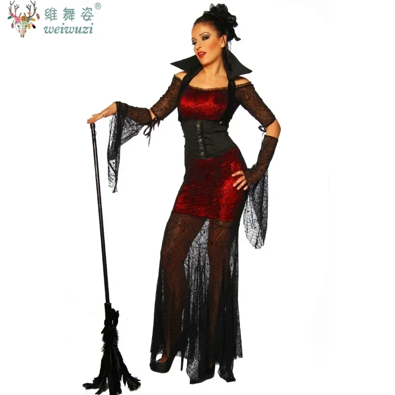 Halloween Cosplay Gothic Witch Vampire Sexy Lace Hip Wrap Dress Black Evil Wizard Ghost Bride Perspective Dress Carnival Costume