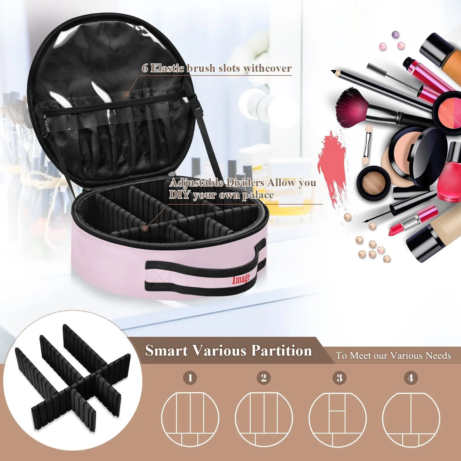 Round hard partition Cosmetic Bag Organizer Women Travel Make Up Customized Pattern Cosmetics Suitcases Makeup Toiletry Bag New