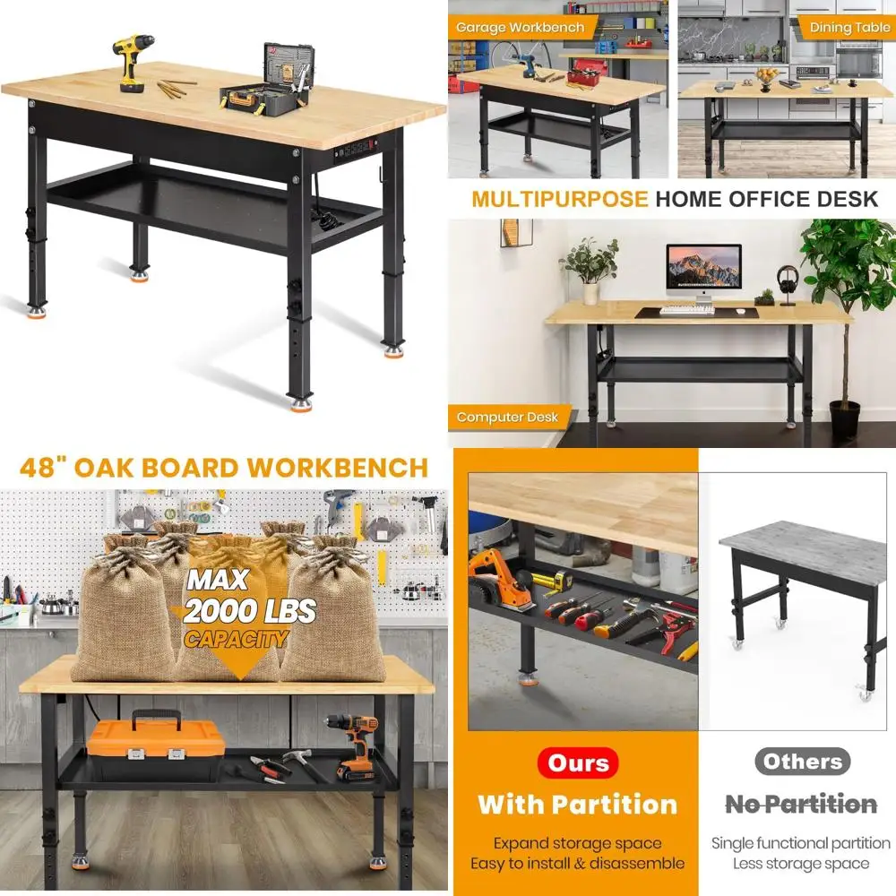 โต๊ะทำงานปรับระดับได้สำหรับงานหนัก พร้อมท็อปไม้ยางพารา ช่องเสียบปลั๊กไฟ ฉากกั้น และรับน้ำหนักได้ 2000 ปอนด์ สำหรับใช้งานในอุตสาหกรรม