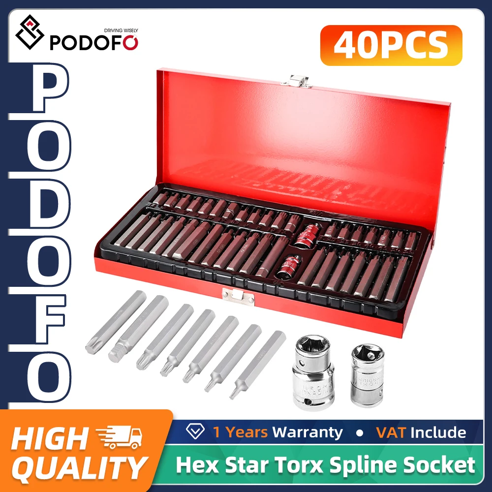 Jeu de douilles hexagonales, Torx et spline Podofo 1/2 pouce et 3/8 pouce, 40 pièces, jeu de douilles à chocs pour réparation automobile avec valise.