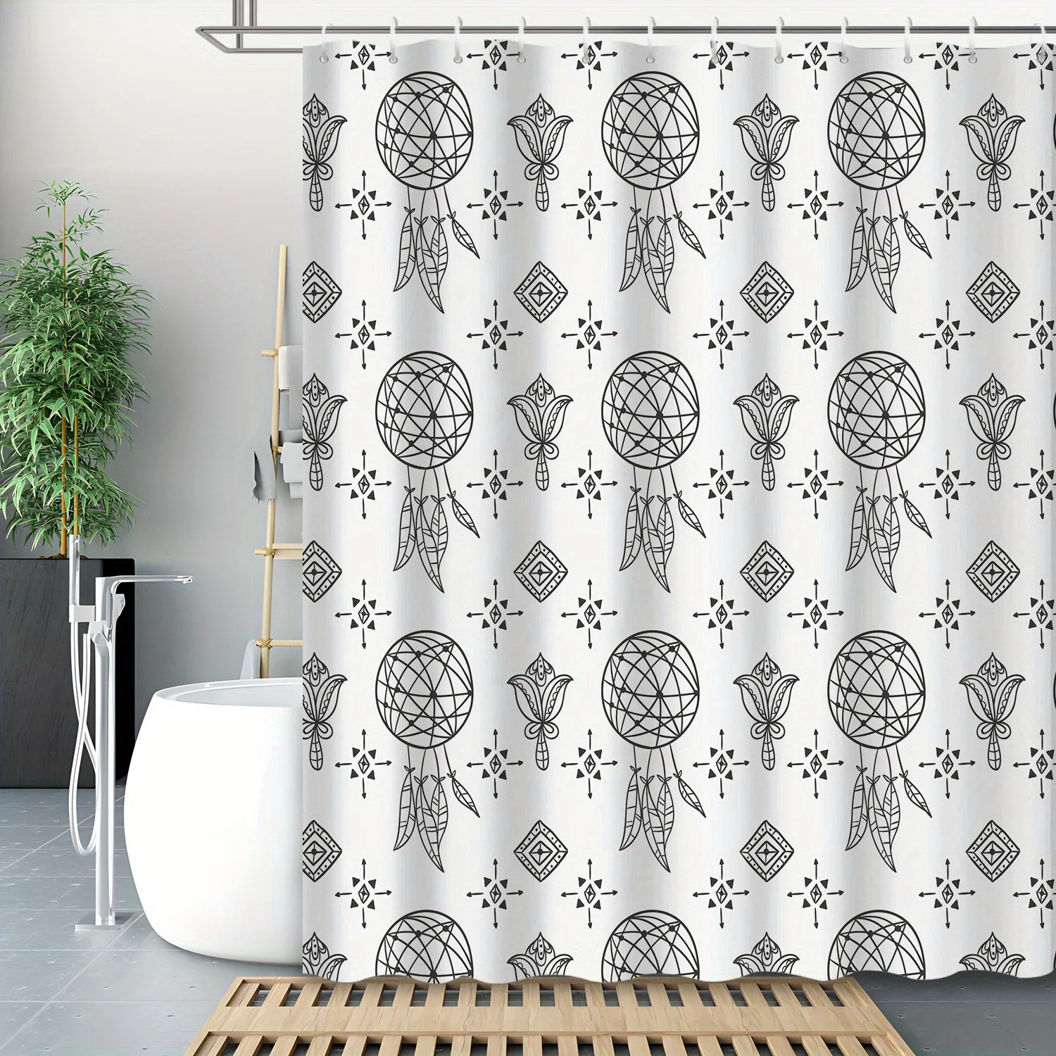 1pc Black and White Line Feather Circle Print Shower Curtain, with 12 Hooks, Bath Curtain, Bathroom Accessory