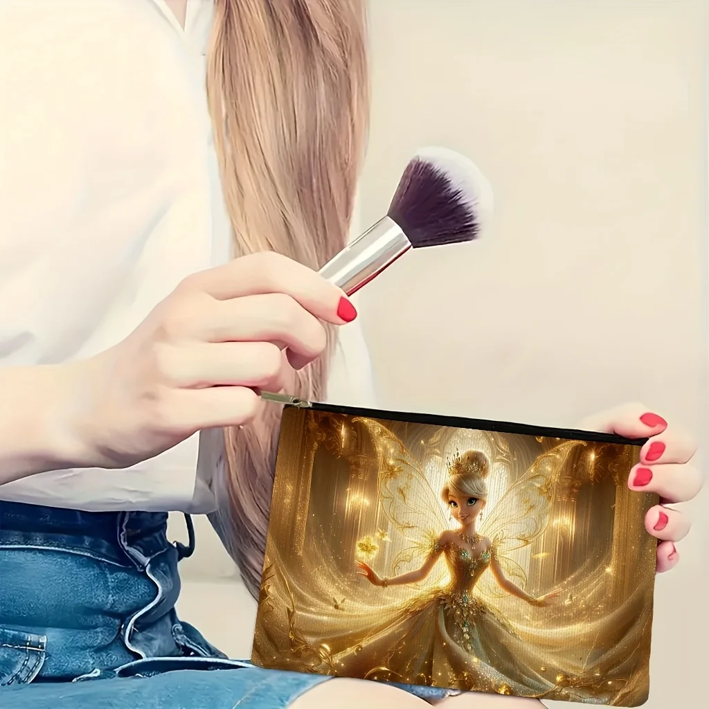 1 ディズニー ピクシー プリンセス 金メッキ化粧バッグ、きらめく羽と宮殿風プリント、ジュエリー収納バッグ、完璧なトラベルジッパー収納バッグ - 楽しい誕生日プレゼント