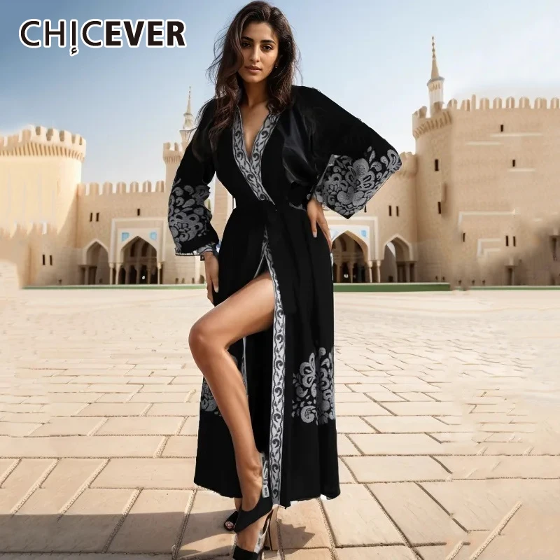 

CHICEVER Velvet Dashiki Maxi Dresses For Women V Neck Long Sleeve High Waist Spliced Lace Up Split Luxury Robe Dress Female New