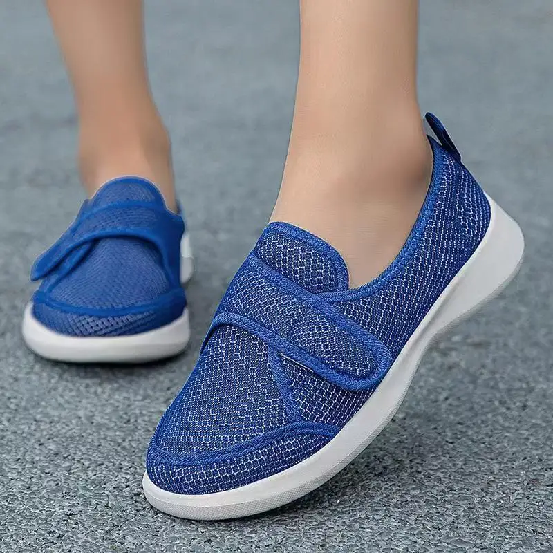 

Summer Women's Mesh Flat Sole Casual Shoes Soft Sole Non Slip Round Toe Loose Lightweight Big Size Velcro Elderly Walking Shoes
