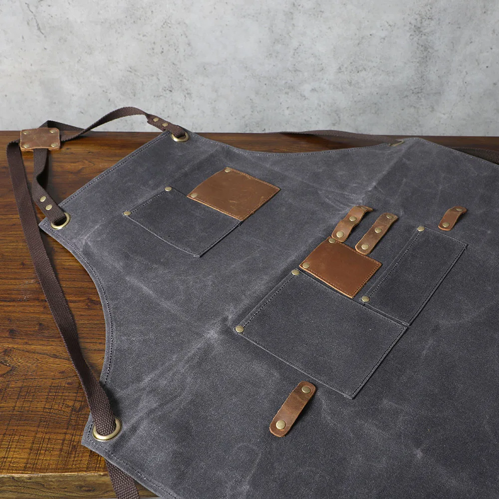 S.WORKER Leinwand-Arbeitsschürze mit Echtem Leder für Friseure und Gärtner, Professionelle Schürze mit Verstellbarer Taille und Taschen – Detail 7