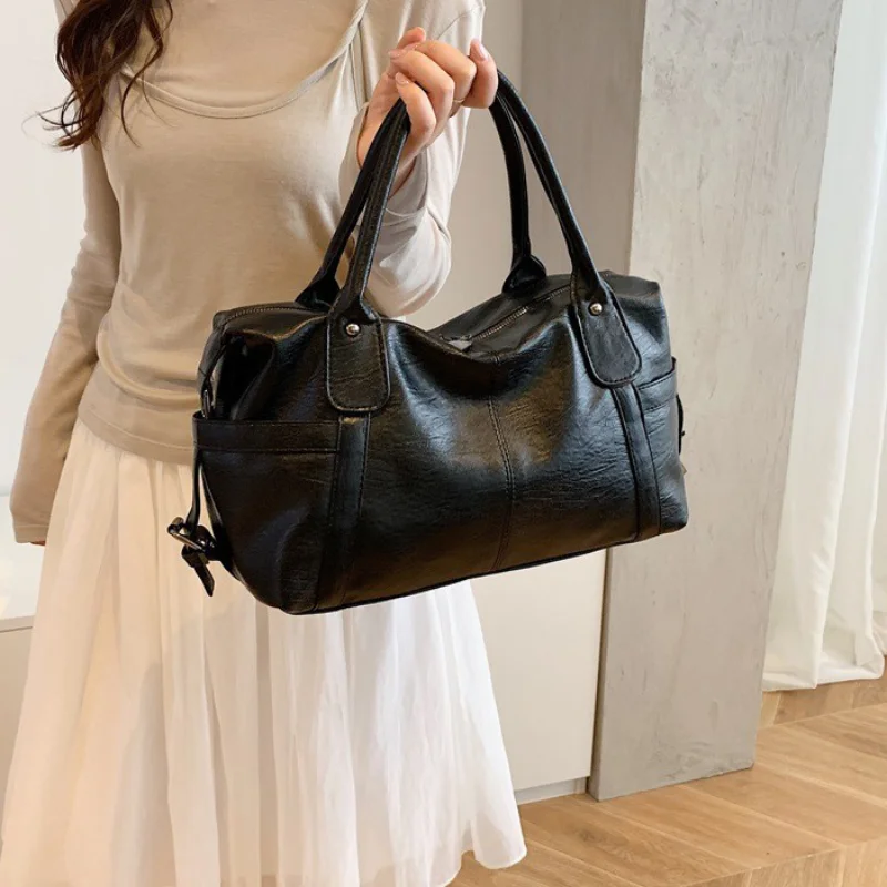 European American Luxury Retro Solid Color Tote Bag Fashion Simple Soft Shoulder Bag New Large Capacity Women Commuting Handbag