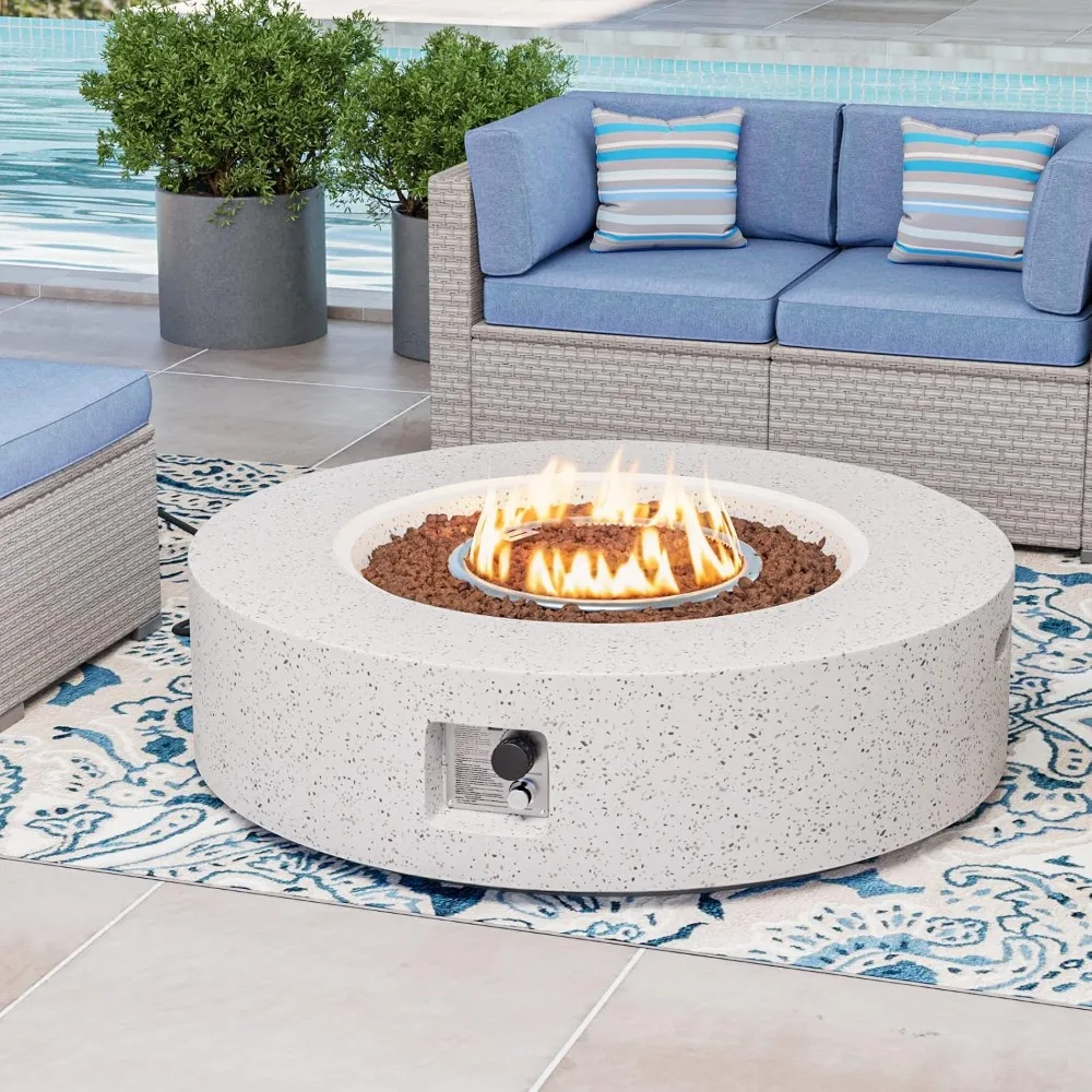 42 Inch Outdoor Propane Fire Pit Coffee Table with Concrete Round Base 50000 BTU Stainless Steel Burner Lava Rocks Rain Cover