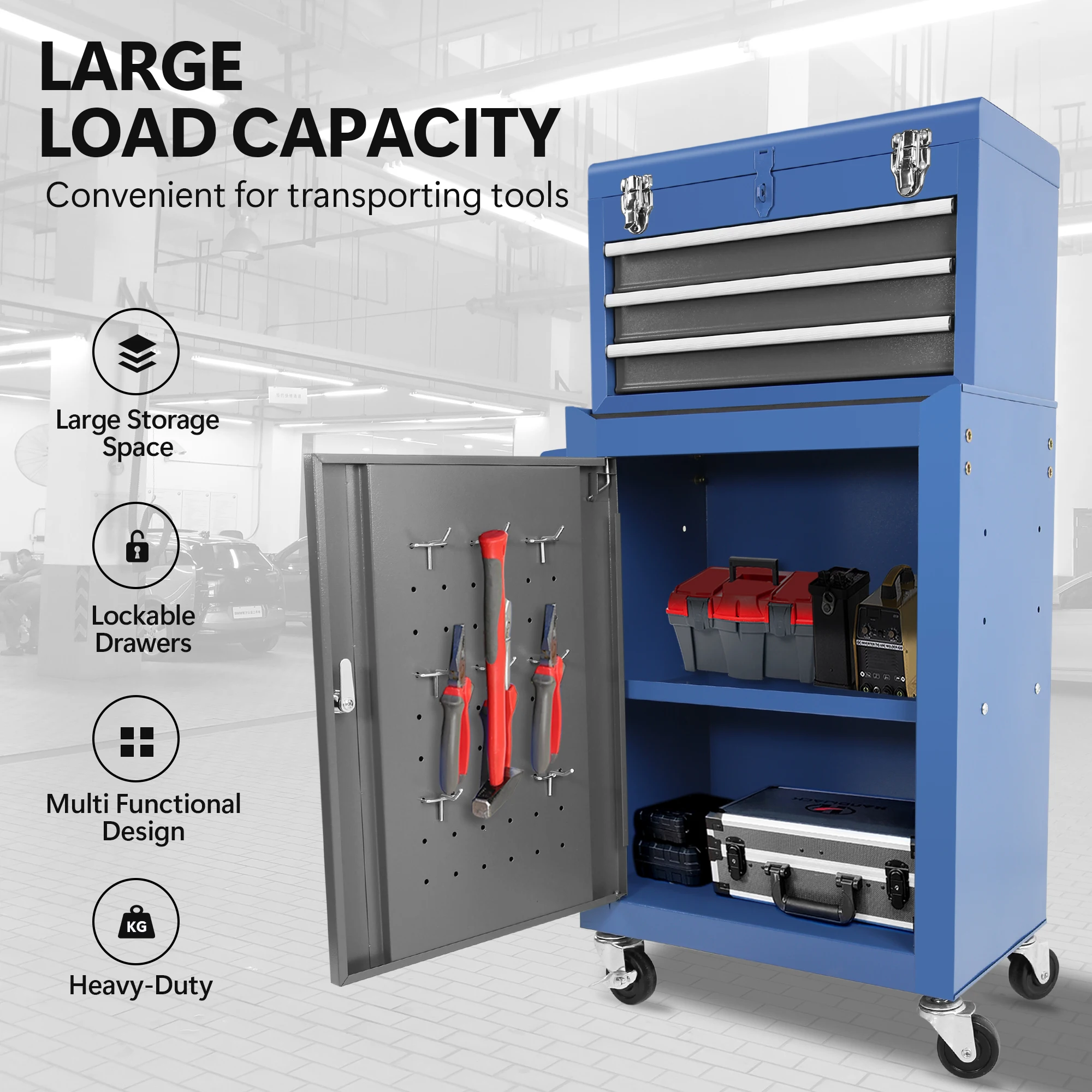 Rolling Garage Workshop Tool Organizer: Detachable 3 Drawer Tool Chest with Large Storage Cabinet and Adjustable Shelf