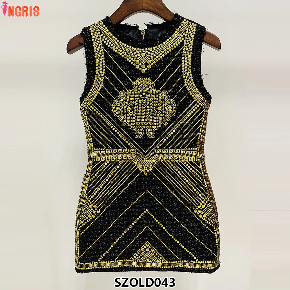 

2025 Latest Fashion Designer Dresses Women Sleeveless Metal Rivet Beaded Flower Dress-SZOLD043