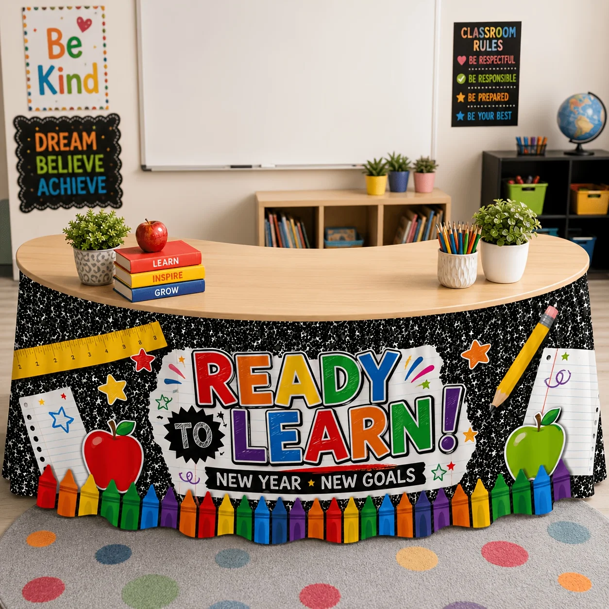 Halloween, Christmas, Party Table Skirt - 1-piece Set - Colorful Campus Theme Table Skirt - Suitable for Classroomszyc