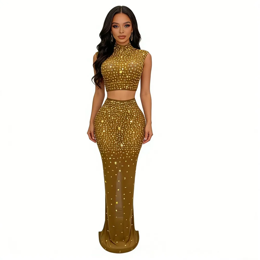 

Sparkly Gold Rhinestones Crop Tops Long Skirt Two Pieces Set Women Cocktail Party Evening Celebrate Gown Singer Stage Outfits