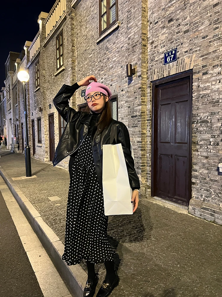 Bla Biker Sle Colletto alla coreana Cappotto da donna Jaet in pelle Taglia piccola Faionable Commuter Wind con kets Pelle PU