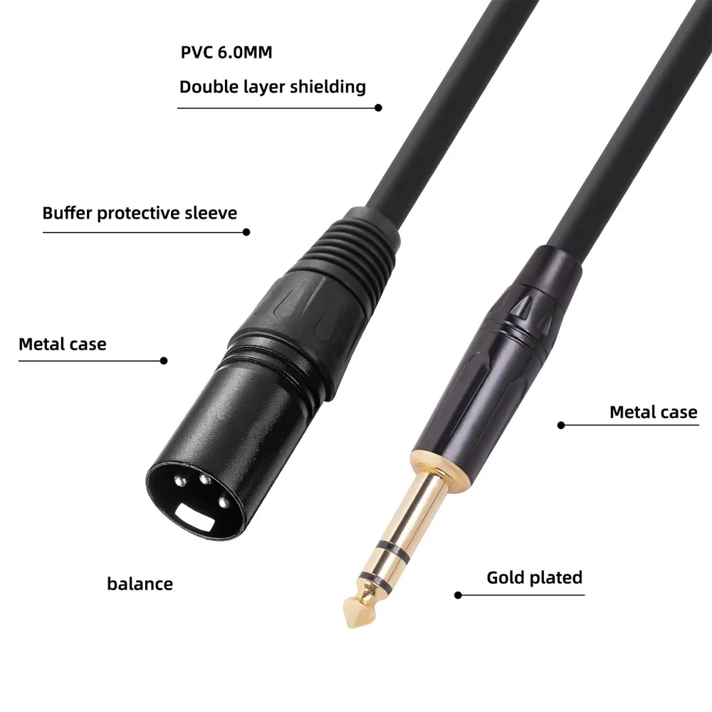 Durable 3 Pin 6.35mm to XLR Cable Plug and Play Male to Male 3 Pin Stereo 1/4 Inch to XLR Balanced Cord Stage Equipment