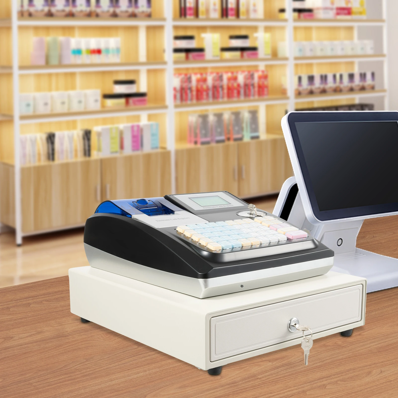 نظام POS موفر للطاقة بقدرة 35 وات، ماكينة تسجيل النقود السوداء مع شاشات مزدوجة، طابعة الإيصالات الحرارية لإدارة المتجر