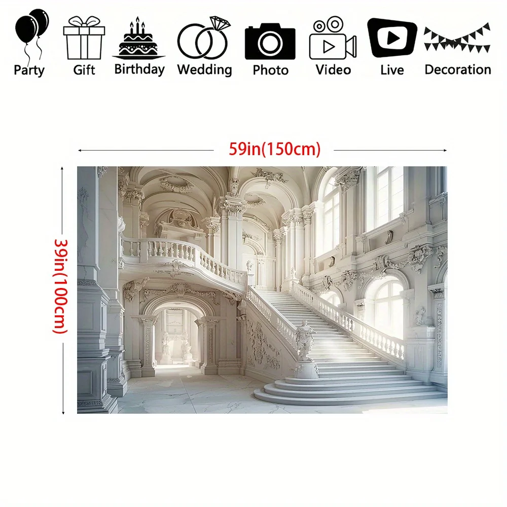 Luxury palace background photography, European white castle Royal interior stairs, polyester wedding ceremony background cloth