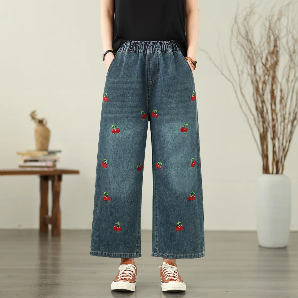 Japanese Sweet Mori Girl Vintage Cherry Embroidery Denim Straight Pants Women Elastic Waist Casual Loose Jeans Wide Leg Pants