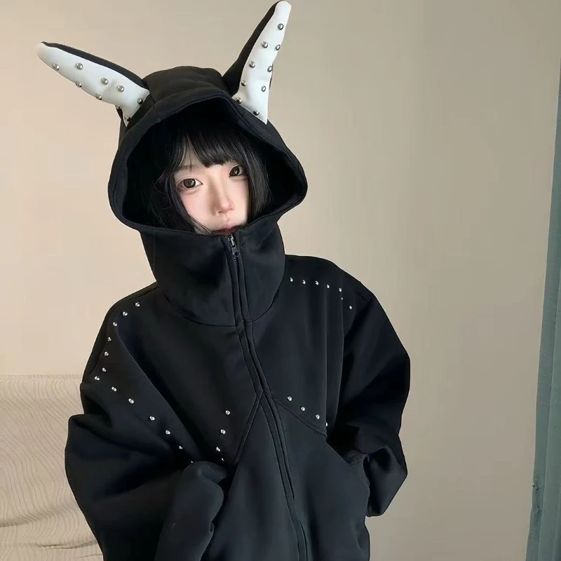 เสื้อฮู้ดซิปสไตล์ฮิปฮอปสตรีทแฟชั่น ดีไซน์หมุดหูใหม่ ทรงหลวม ใส่ได้ทั้งผู้หญิงและผู้ชาย