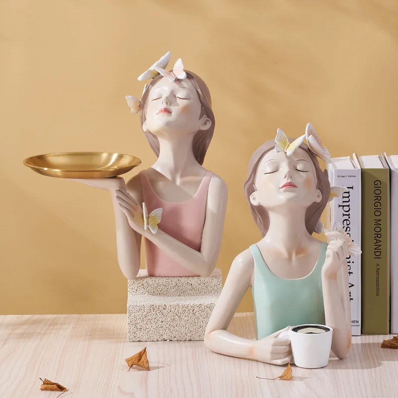 

Resin Girl Statue with Storage Tray Nordic Modern Girl Sculpture for Living Room Decoration Office Desk Decoration Ornament