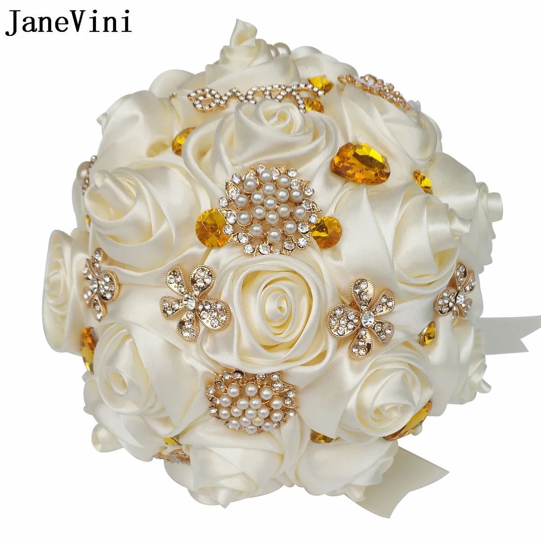 JaneVini Gold Crystal Diamond Bridal Wedding Bouquet Pearls Ivory Ribbon Rose Beaded Bride Flower Bouquet Fleurs Fleur Bordeaux