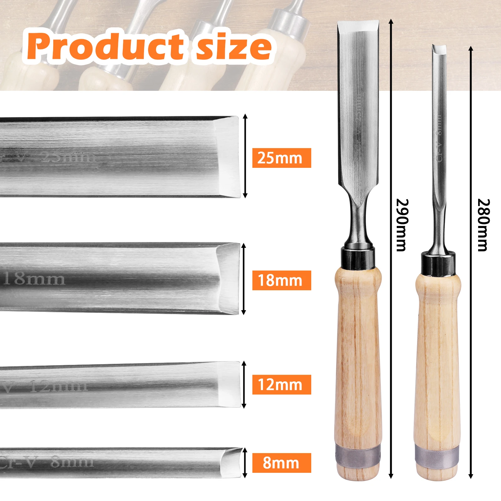 Semi-circular Wood Chisel Chrome Vanadium Steel Woodworking Chisel 8mm 12mm 18mm 25mm for DIY,Craftsman,Beginners Hobbyists