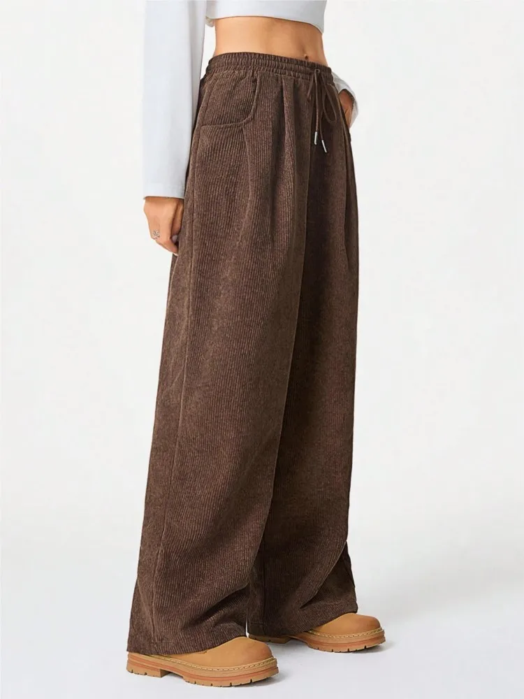 Autumn Casual Retro Pocket Corduroy Cargo Pants  Women's Fashion Drawstring Straight Sports Pants New Drape Wide Leg Pants
