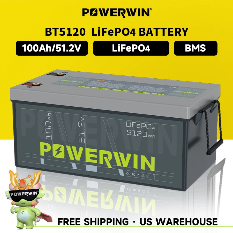 POWERWIN BT5120 Battery 51.2V 100Ah 5120Wh LiFePO4 Built-in BMS Deep Cycles Solar Rechargeable Durable Solar Generator