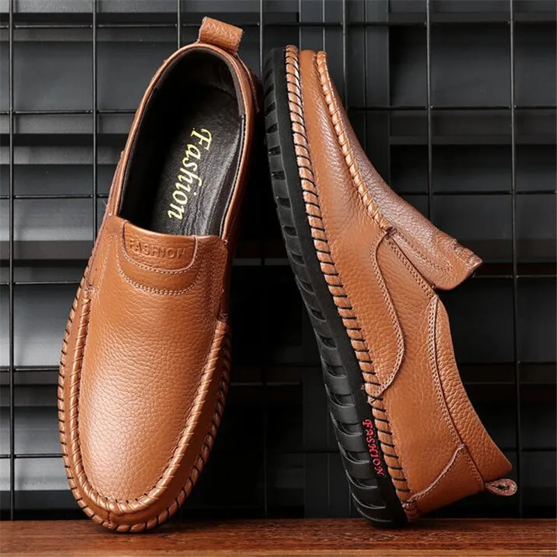 Business Genuine Leather Men Shoes Summer Slip on Loafers Breathable Men Casual Leather Shoes Black Flats Driving Shoe Moccasins