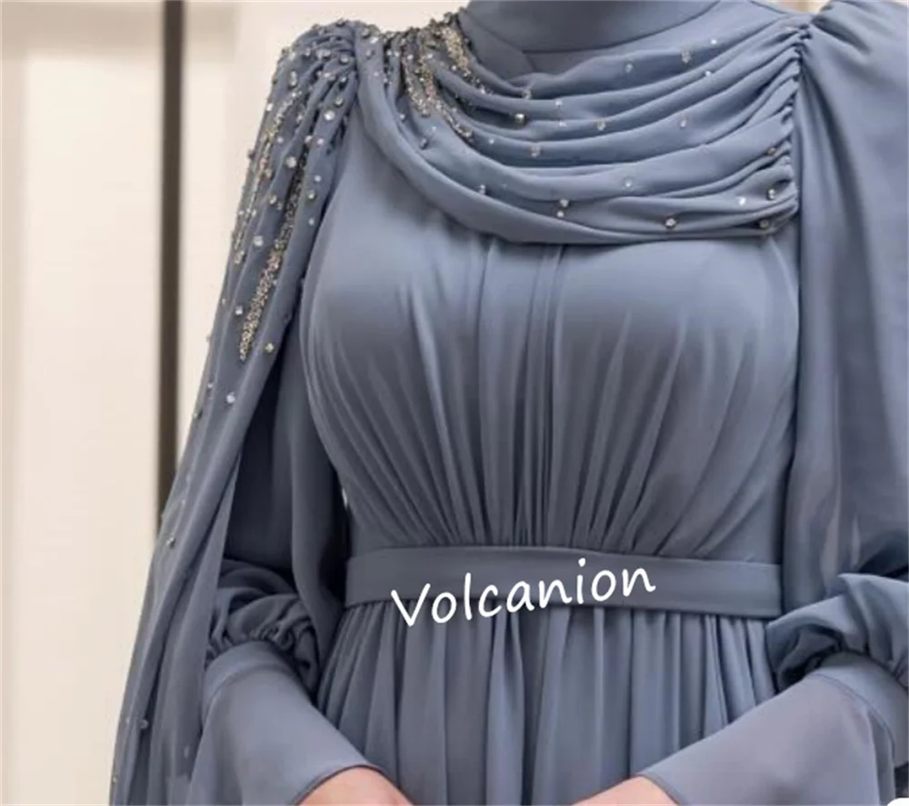 Vestidos largos de gasa personalizados con pliegues y lentejuelas, corte en A, cuello alto, ocasiones a medida, noche, elegante y sencillo