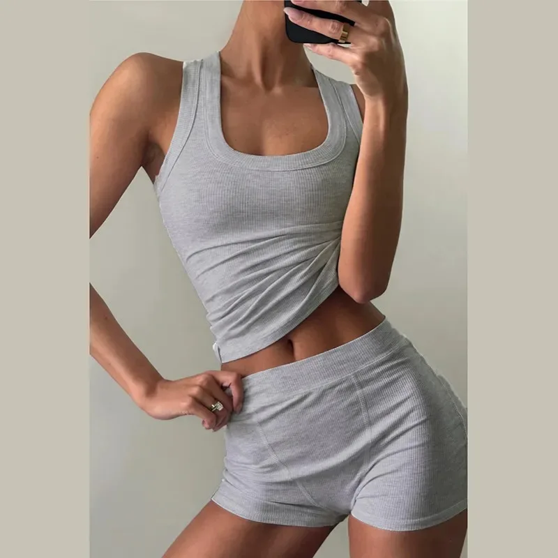 

Women's Ribbed Knit 2 Piece Outfits Sleeveless Neck Crop Top and High Waist Shorts Set Casual Loungewear
