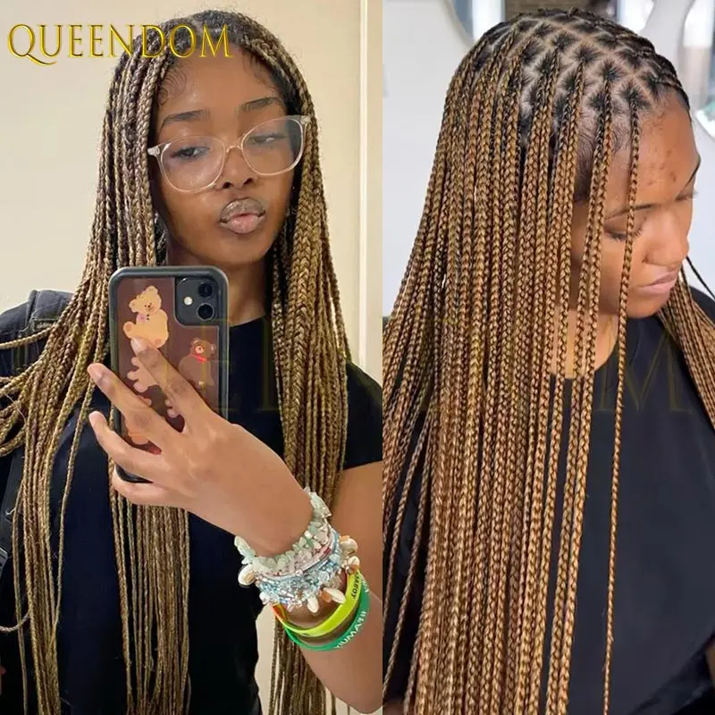 36 بوصة أومبير شقراء Knotless صندوق شعر مستعار مضفر الاصطناعية كامل الدانتيل أمامي كورنو صندوق شعر مستعار للنساء السود