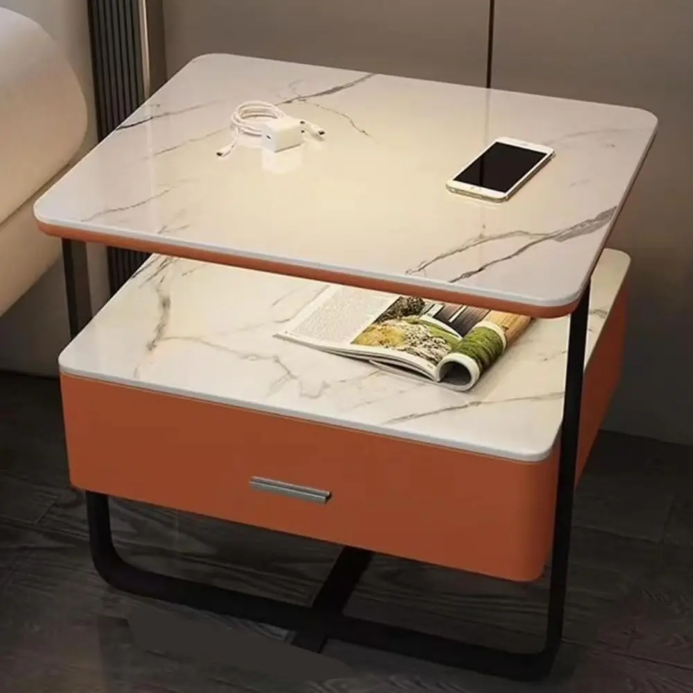 

Тумбочка в стиле фермерского дома с выдвижным ящиком и полкой, каменная столешница, металлический каркас, белый и оранжевый, 48x40x50