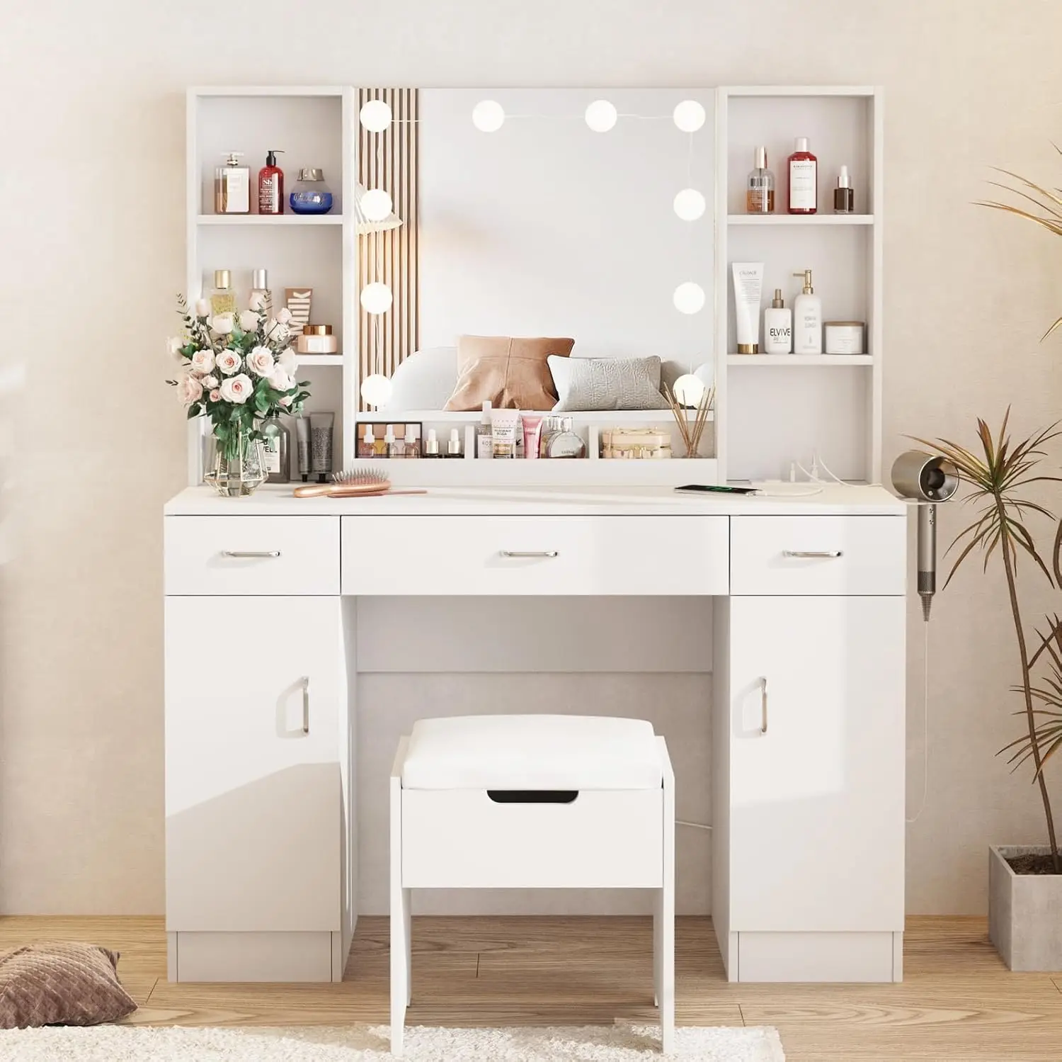 Large Vanity Set for Bedroom with Lighted Mirror, Power Strip, 3 Lighting Modes, Brightness Adjustable, 45.2in(L)